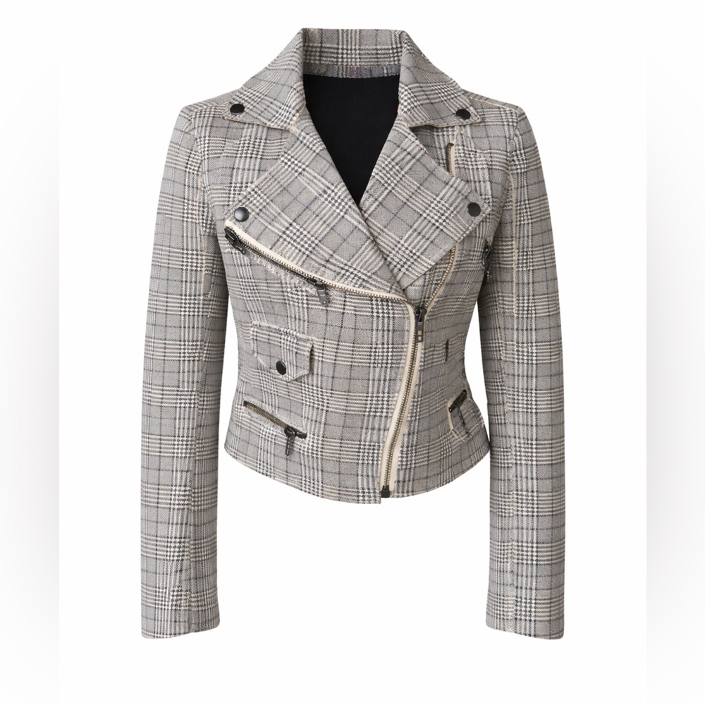 BLANKNYC Plaid Moto Jacket XS Gray Cream Biker Zip‎ Cropped Academia Chic
